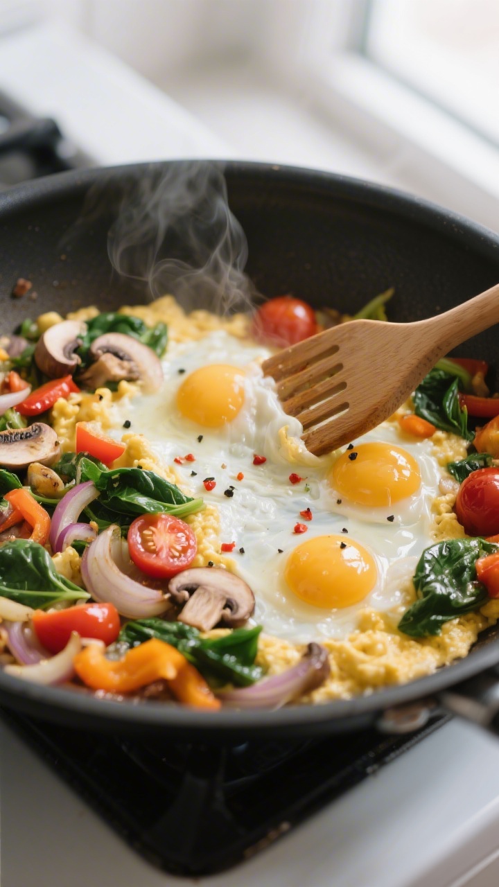 Cooking process close-up: Soft veggie egg scramble just after eggs are poured into a skillet of saut