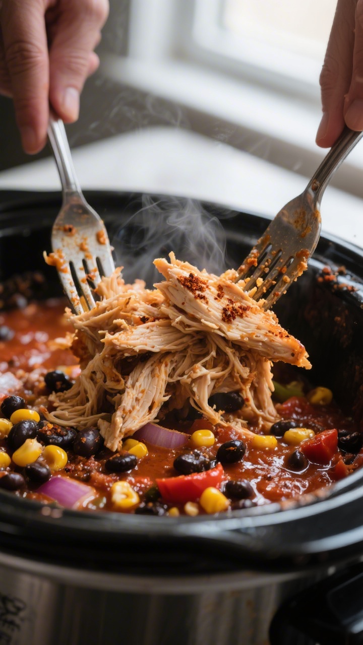 Cooking process close-up: Tender shredded taco chicken being pulled apart with two forks inside a sl
