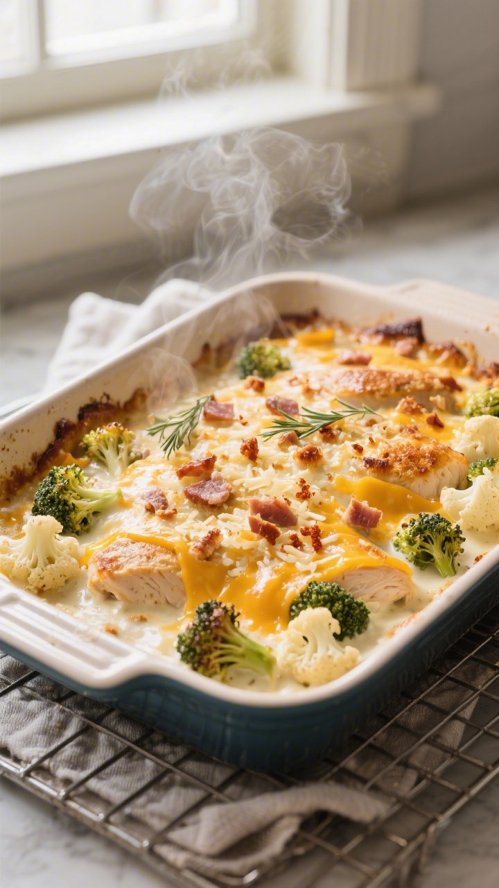 Cooking process: Golden, bubbling low-carb chicken casserole just pulled from the oven at 375°F, ov