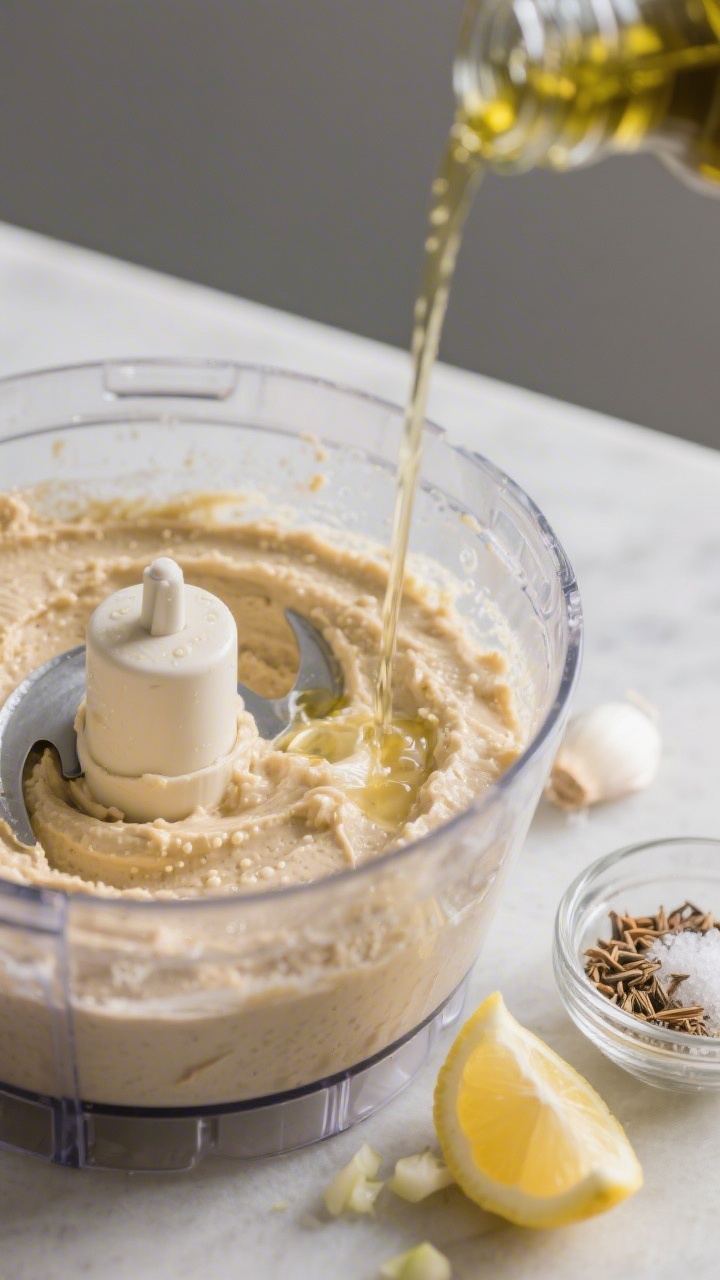 Hummus With Veggie Sticks and Gluten Free Crackers – A Fresh, Easy Snack Platter 3 Cooking process: Hummus base being emulsified—tahini, lemon juice, and minced garlic whipped to a