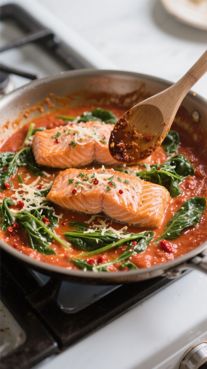 Creamy Tomato Salmon Keto - Rich, Comforting, and Low-Carb 4 Cooking process: In-pan moment where the sauce has just thickened—creamy tomato base turning gloss