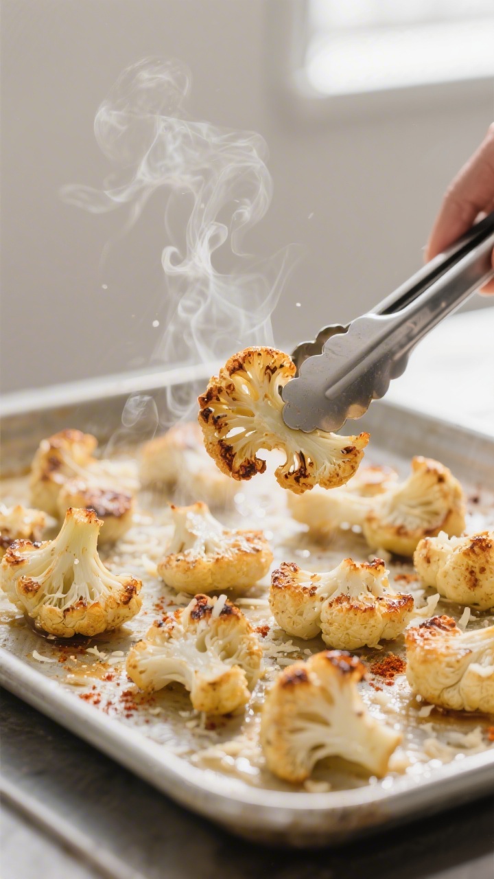 Cooking process: Mid-roast action shot of cauliflower bites on a hot, lightly oiled sheet pan at the