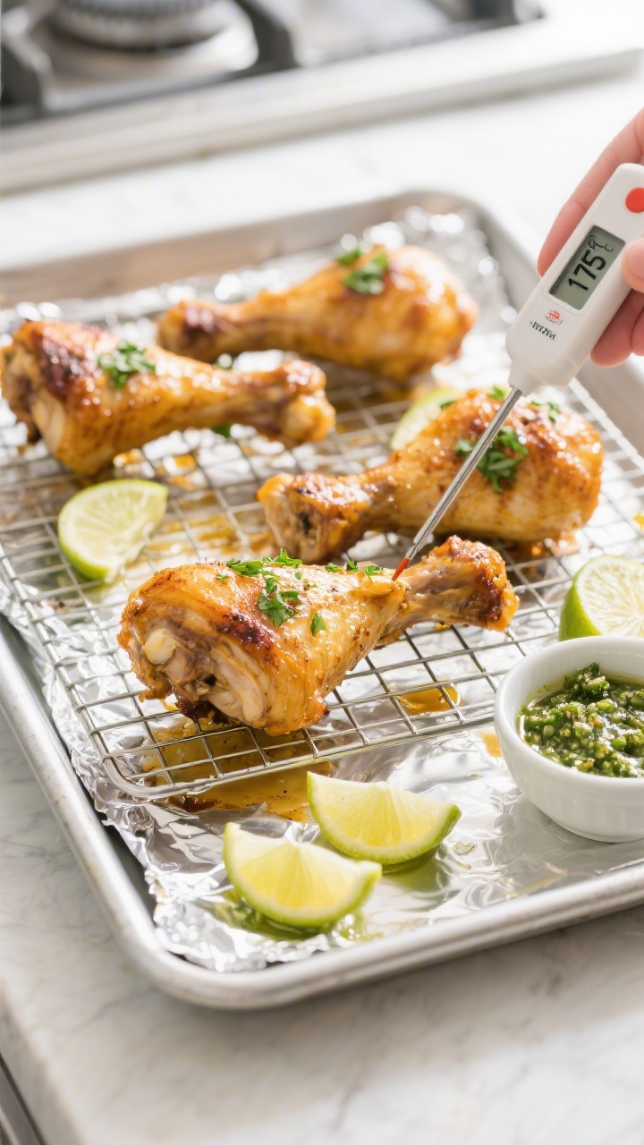 Cooking process: Oven-roasted cilantro lime chicken drumsticks on a wire rack over a foil-lined shee