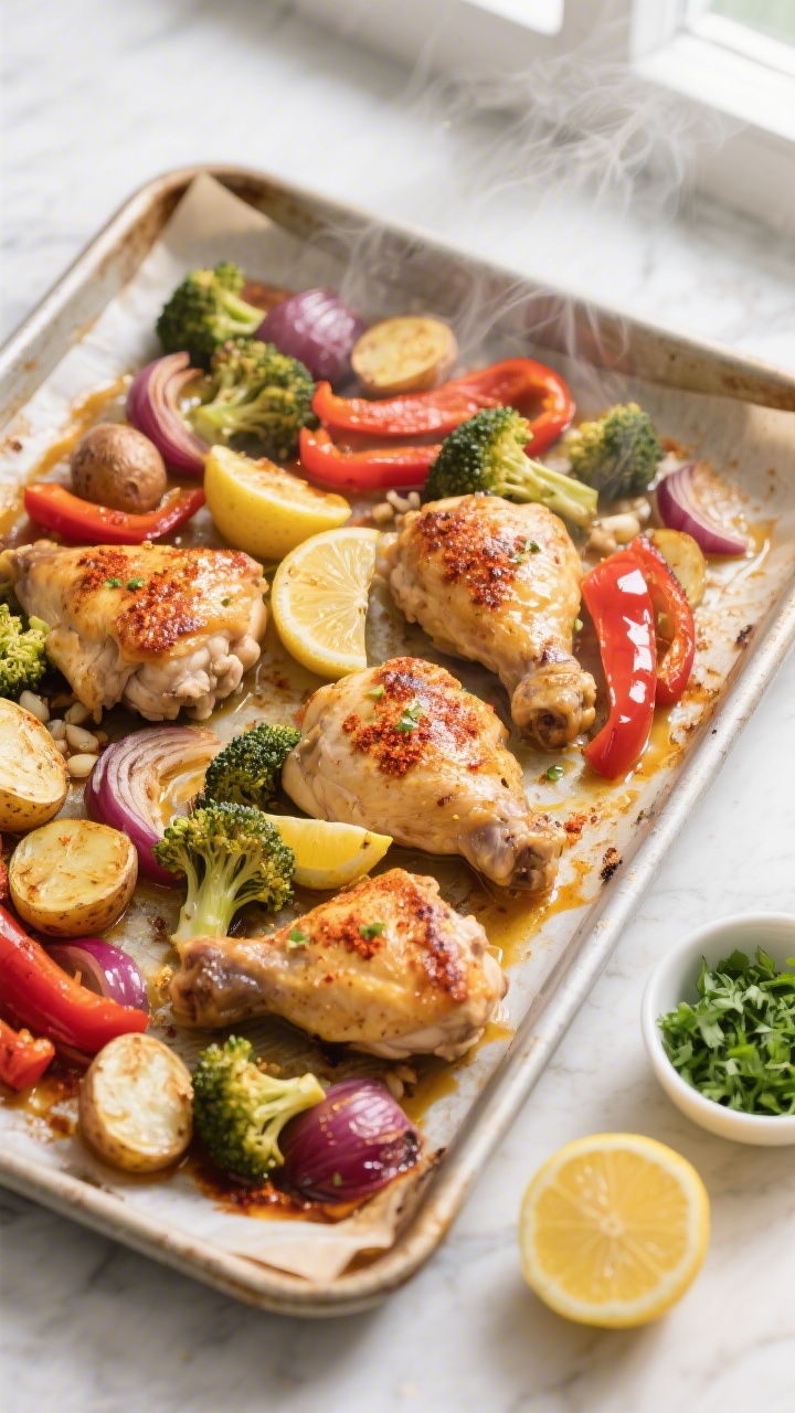 Cooking process, overhead: One-pan lemon garlic chicken and veggies roasting on a large rimmed sheet