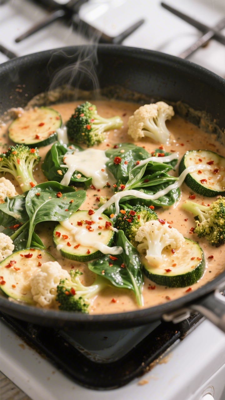 Cooking process overhead: One-pot keto skillet at a gentle simmer after broth and cream are added—
