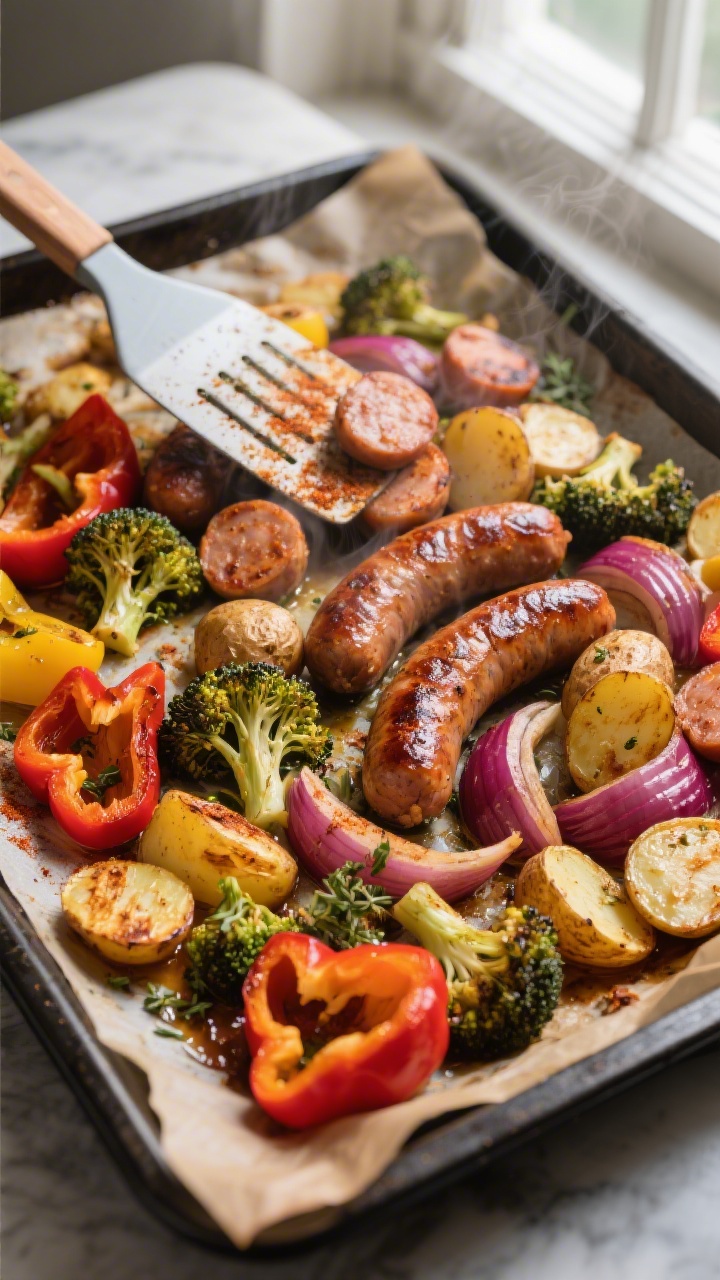 Cooking process, overhead: Sheet‑pan sausage and vegetable roast halfway through roasting at 425°