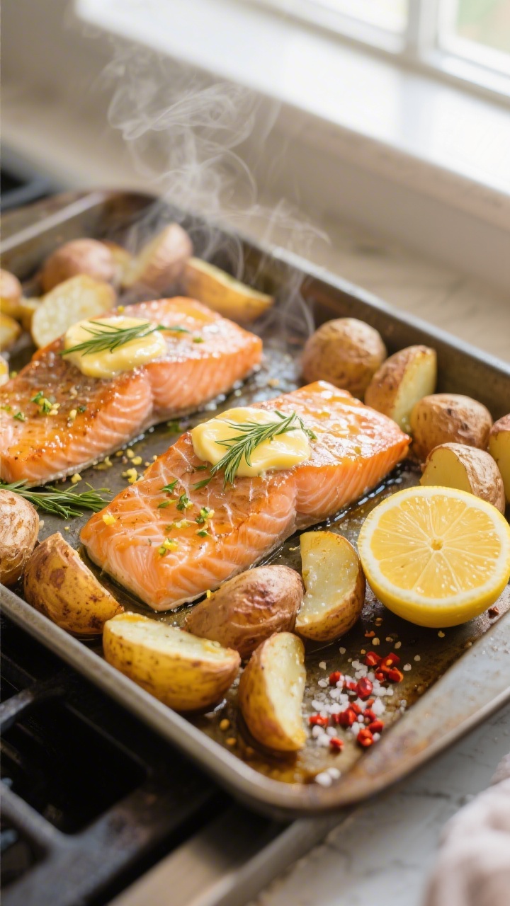 Cooking process: Overhead shot of a hot sheet pan midway through roasting—potatoes pushed to the e