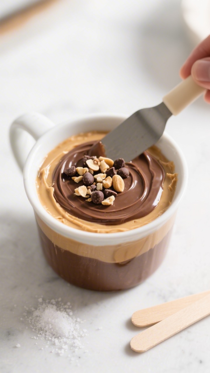Cooking process: Overhead shot of a microwave-safe mug on a clean countertop with the first chocolat