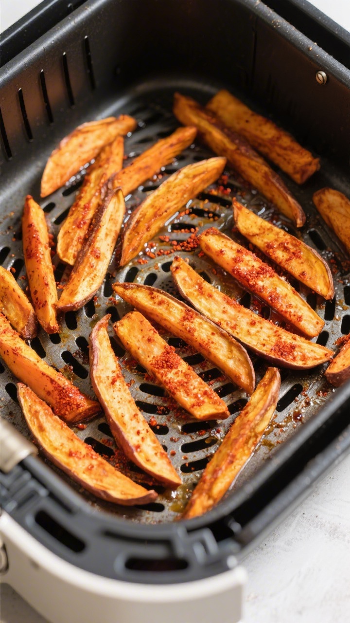 Cooking process: Overhead shot of a single-layer batch of seasoned sweet potato fries spaced apart i