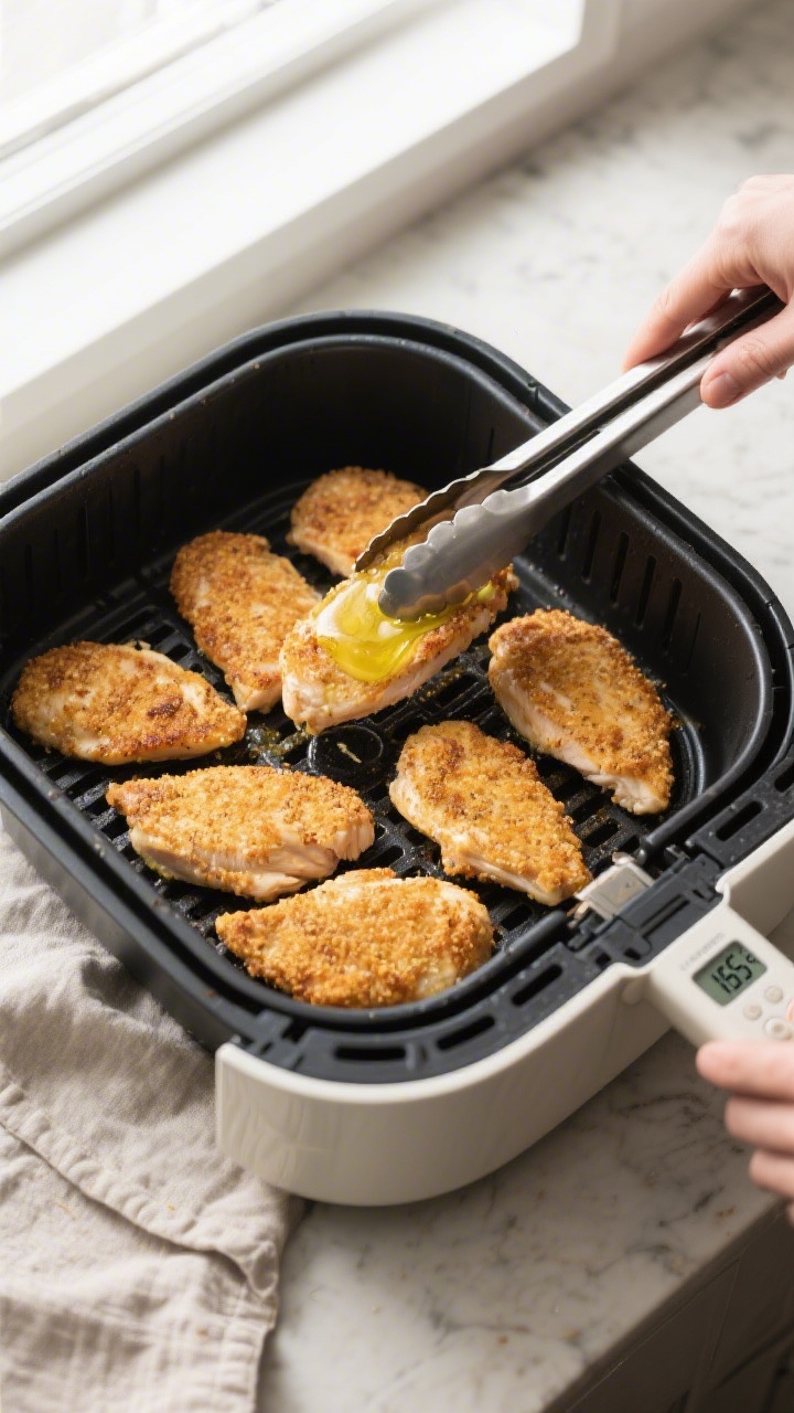 Cooking process: Overhead shot of coated chicken cutlets arranged in a single layer in an air fryer 