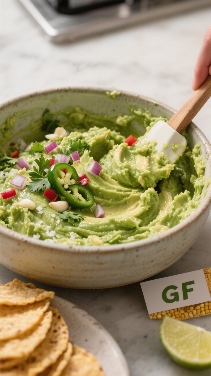 Cooking process: Overhead shot of guacamole being gently folded with a spatula in a ceramic mixing b