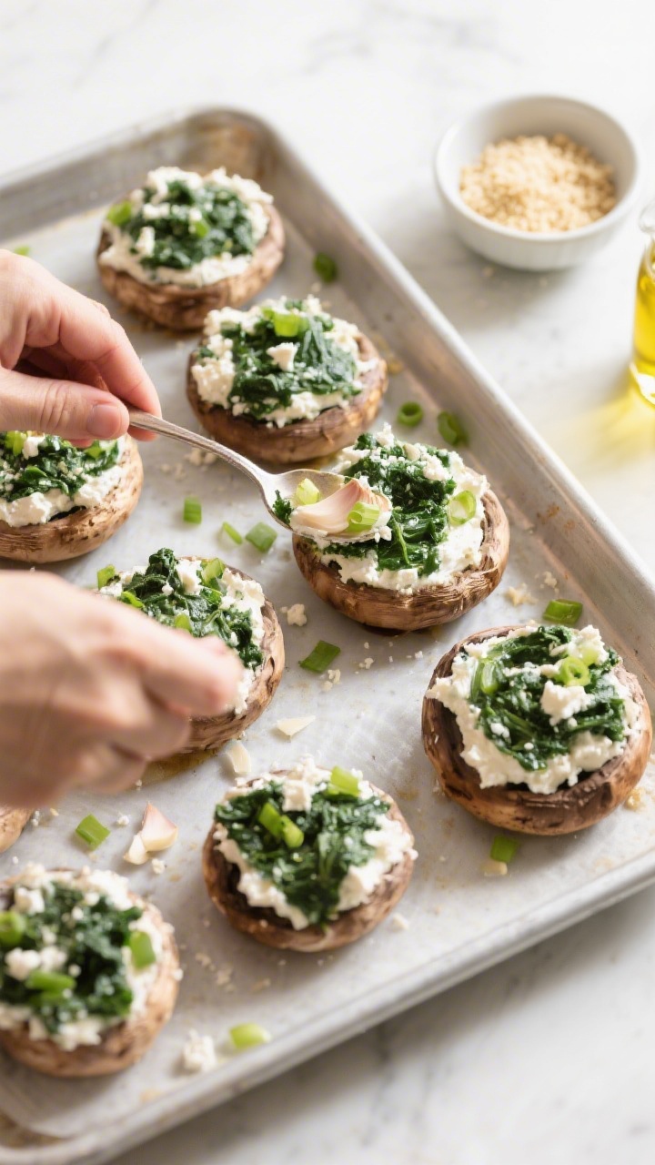 Cooking process: Overhead shot of pre-baked mushroom caps being filled on a sheet pan—each cap nea