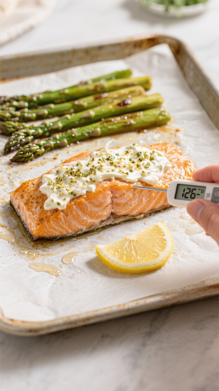 Cooking process: Overhead shot of salmon fillets on a parchment-lined sheet pan just out of the oven