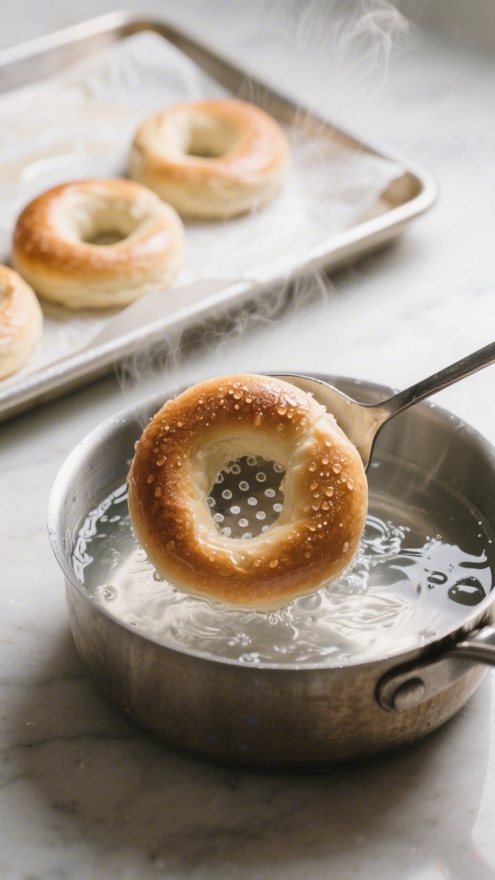 Cooking process: Overhead shot of shaped bagel rings being lifted from a gently simmering baking-sod