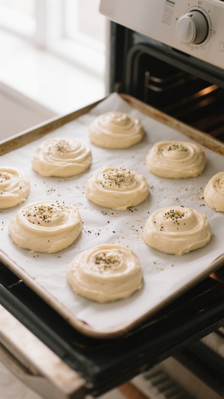 Cooking process: Overhead shot of smooth mounds of oopsie bread batter on a parchment-lined baking s