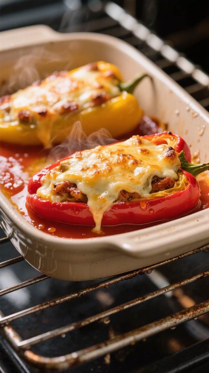 Cooking process: Overhead shot of stuffed peppers baking in a snug ceramic dish at the 20-minute mar
