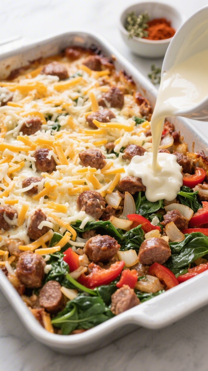 Low Carb Breakfast Casserole - A Satisfying, Make-Ahead Morning Favorite 3 Cooking process: Overhead shot of the assembled casserole just before baking, showing an even layer
