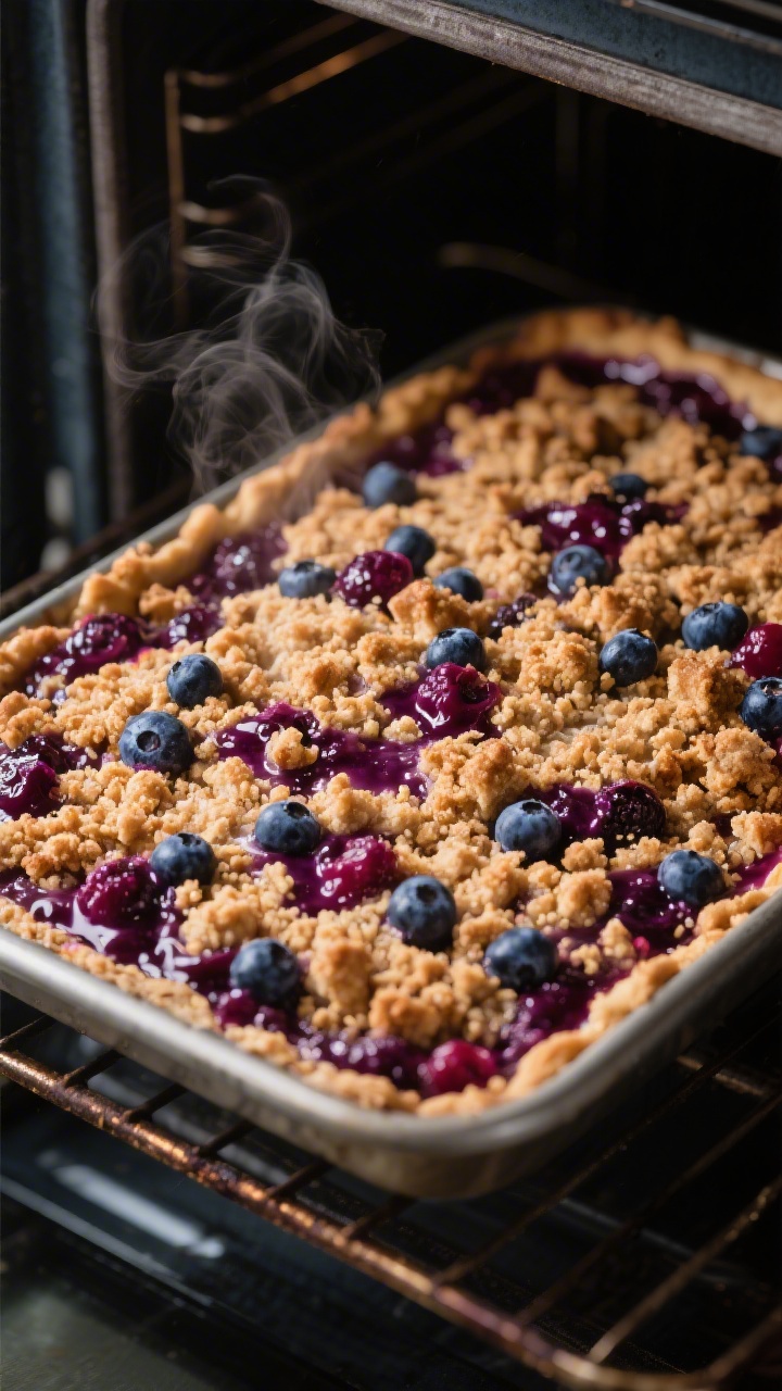 Mixed‑Berry Crumble With Almond Topping - A Cozy, Crunchy Dessert 3 Cooking process: Overhead shot of the assembled mixed-berry crumble mid-bake in the oven at 375°F,