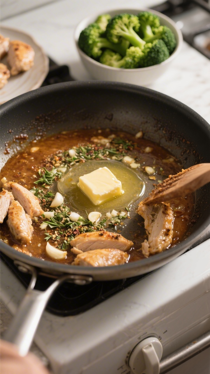 Cooking process: Overhead shot of the sauce-building stage in a wide skillet—melted butter shimmer