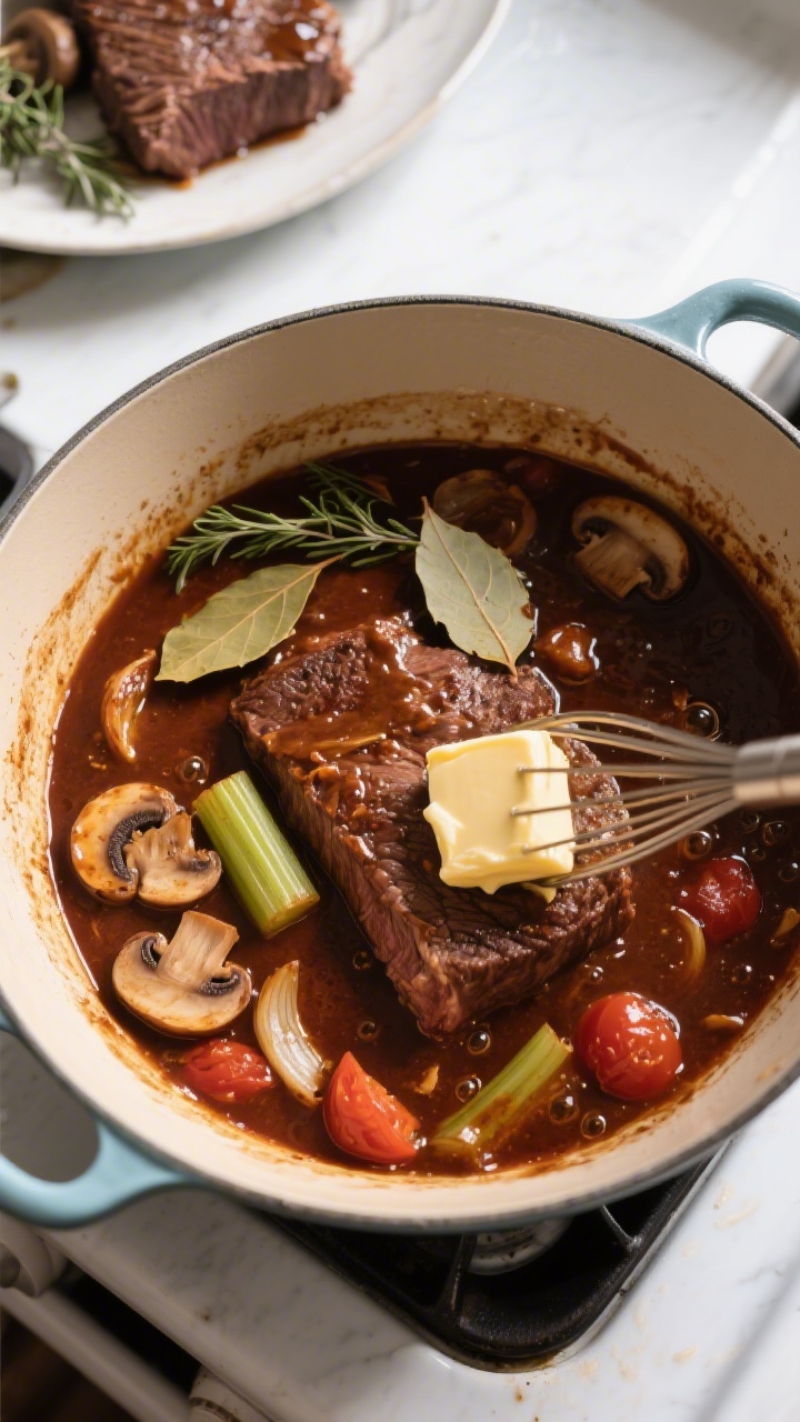 Cooking process: Overhead shot of the sauce reduction stage in a wide Dutch oven—beef removed to a