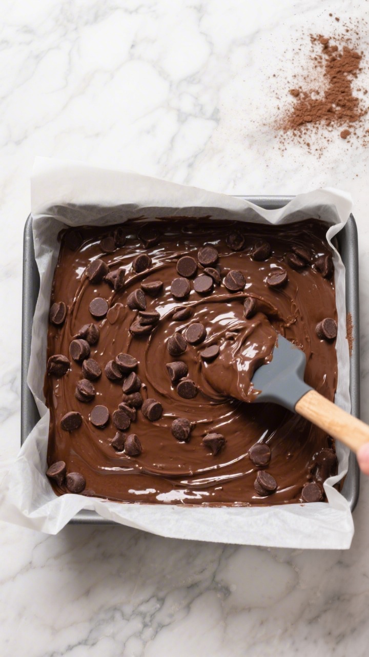 Flourless Chocolate Avocado Brownies - Fudgy, Simple, and Naturally Sweet 3 Cooking process: Overhead shot of thick, glossy brownie batter being smoothed in an 8-inch parchment