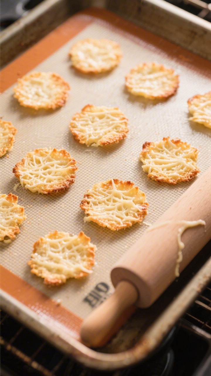 Cooking process: Parmesan crisp mounds mid-bake on a silicone baking mat, overhead shot capturing ev