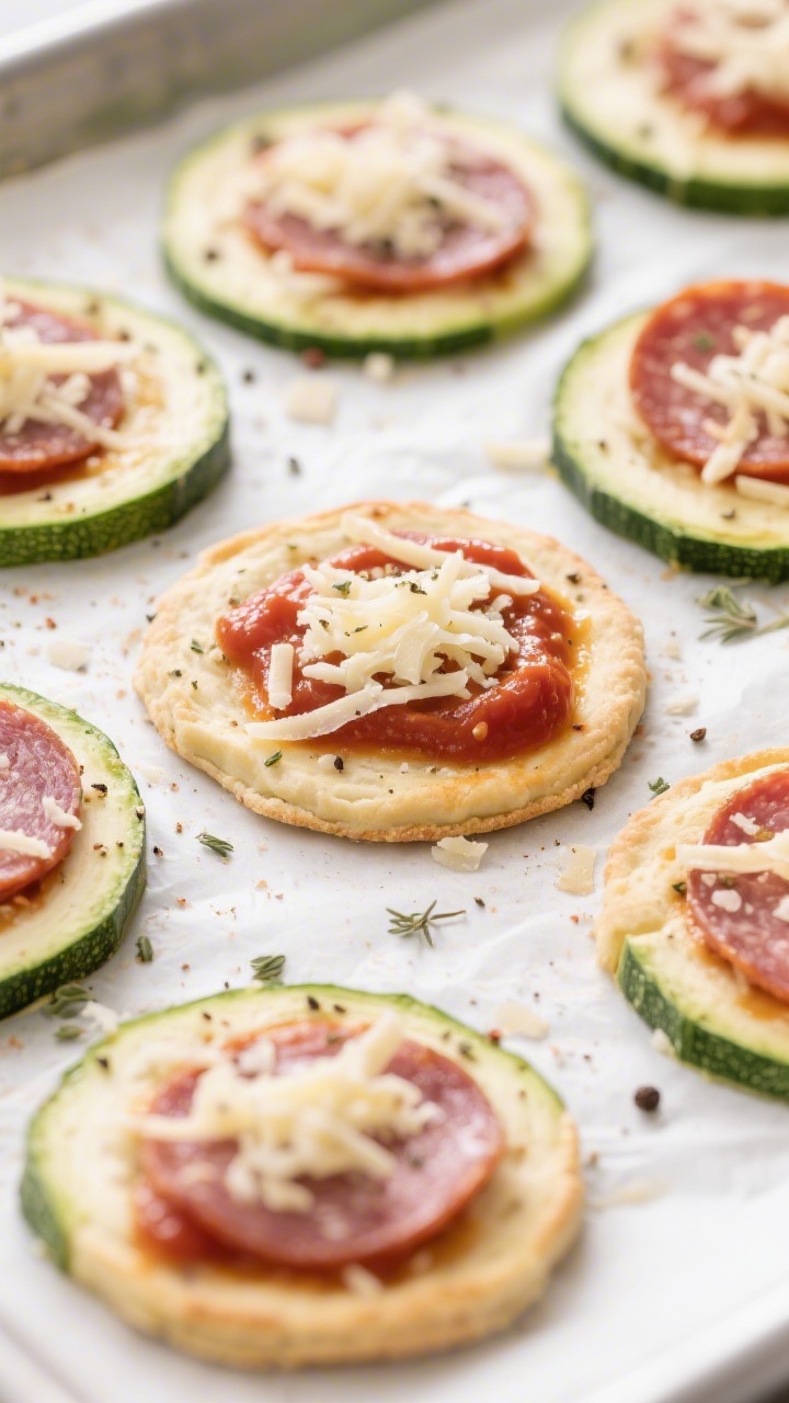 Zucchini Pizza Bites Low Carb - A Quick, Flavor-Packed Snack 3 Cooking process: Pre-baked zucchini rounds on a parchment-lined sheet being topped with a neat dollo