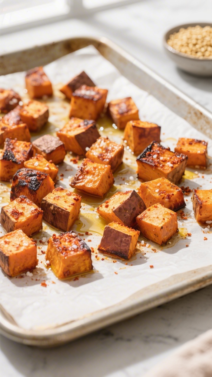 Cooking process: Roasted sweet-potato cubes on a parchment-lined sheet pan at the flip stage—edges