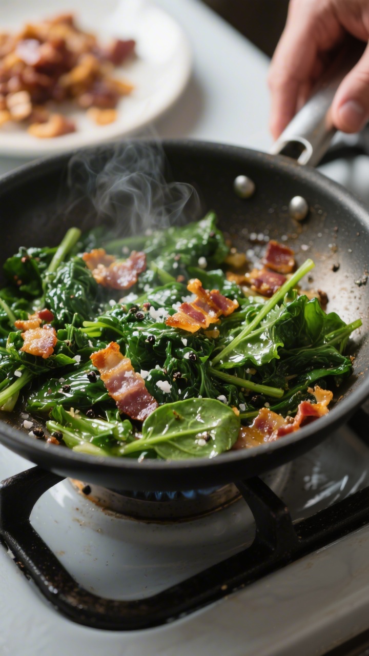 Cooking process: Sautéed greens wilting in a skillet slicked with bacon fat, tender spinach and kal