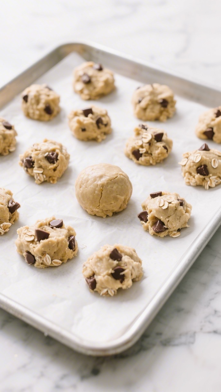 Cooking process: Scoop-and-space stage—neatly portioned mounds of banana‑oat chocolate chip cook