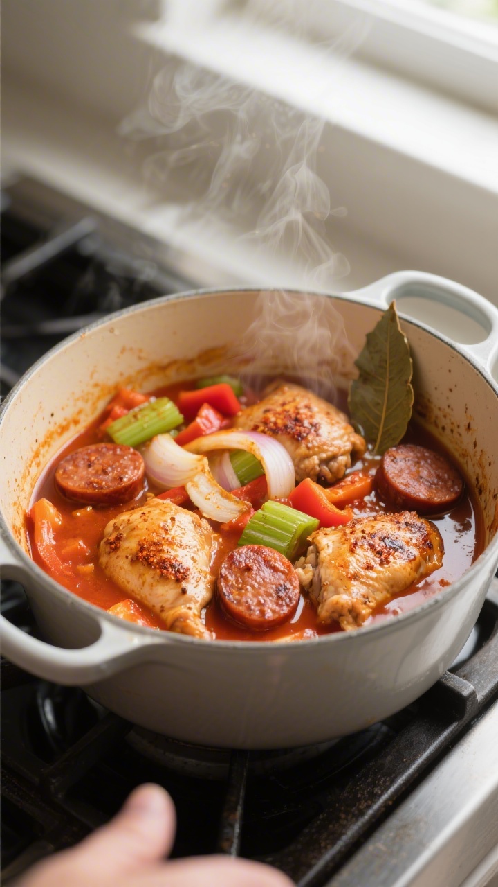 Cooking process — Searing and simmering: In a heavy enamel Dutch oven on the stove, browned andoui