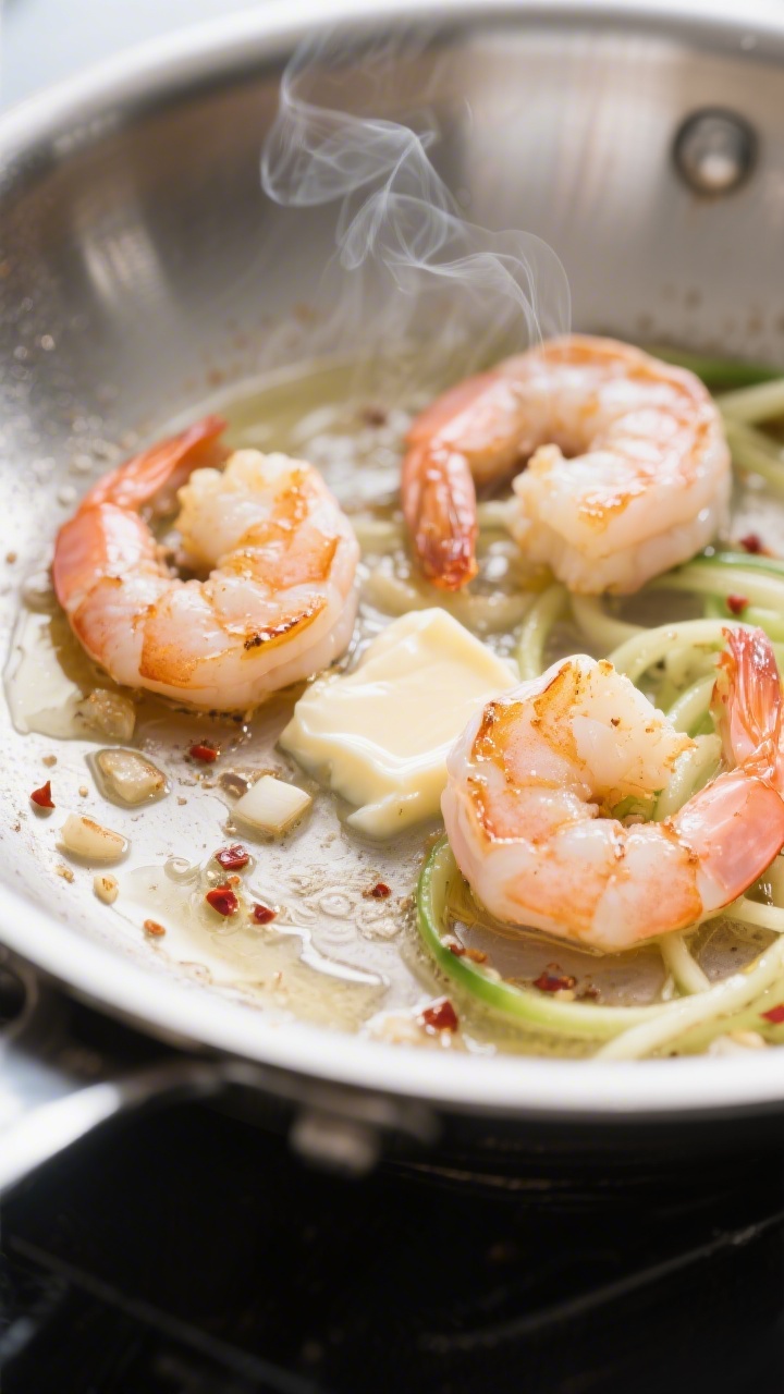 Garlic Butter Shrimp Zoodles - A Fast, Flavor-Packed Weeknight Dinner 2 Cooking process — Searing shrimp for Garlic Butter Shrimp Zoodles: Close-up, three-quarter angle o