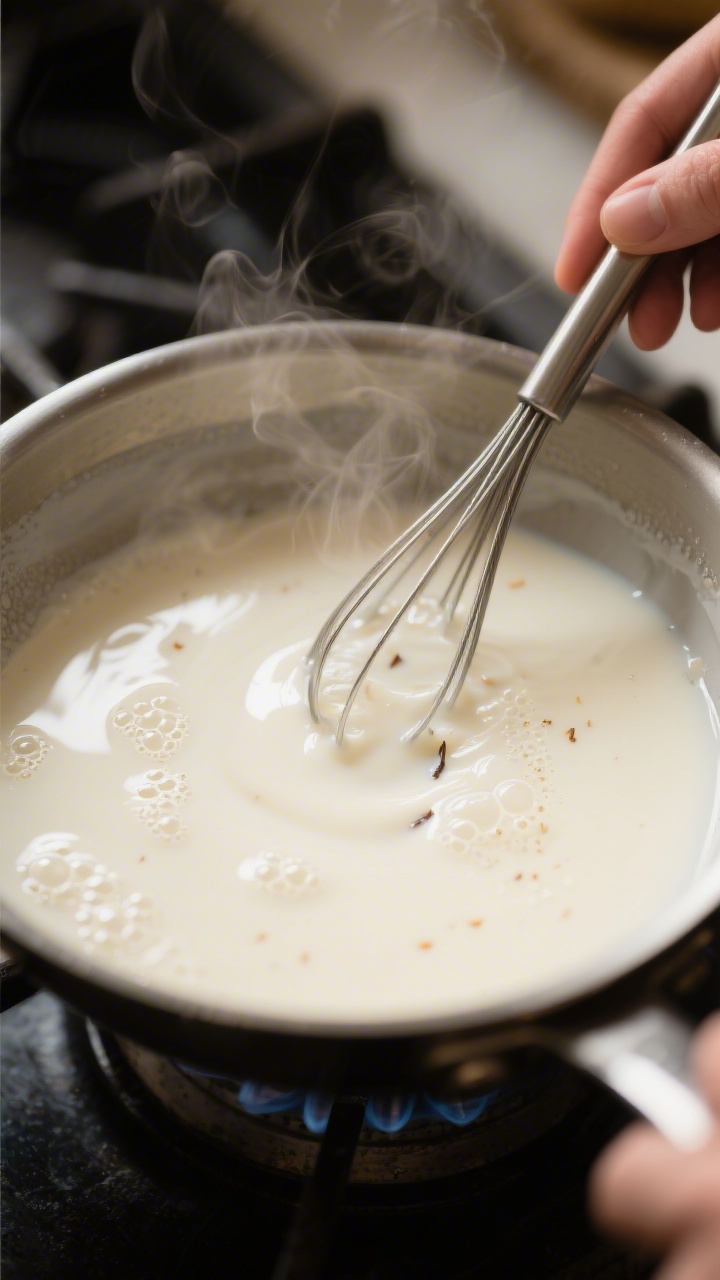 Cooking process shot: A saucepan on a stovetop with the hot coconut panna cotta base just off a gent