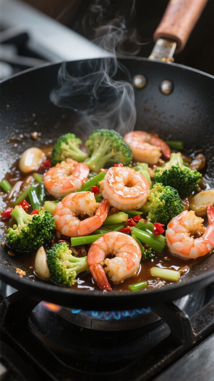 Cooking process: Shrimp and broccoli stir fry sizzling in a black carbon-steel wok over medium-high 