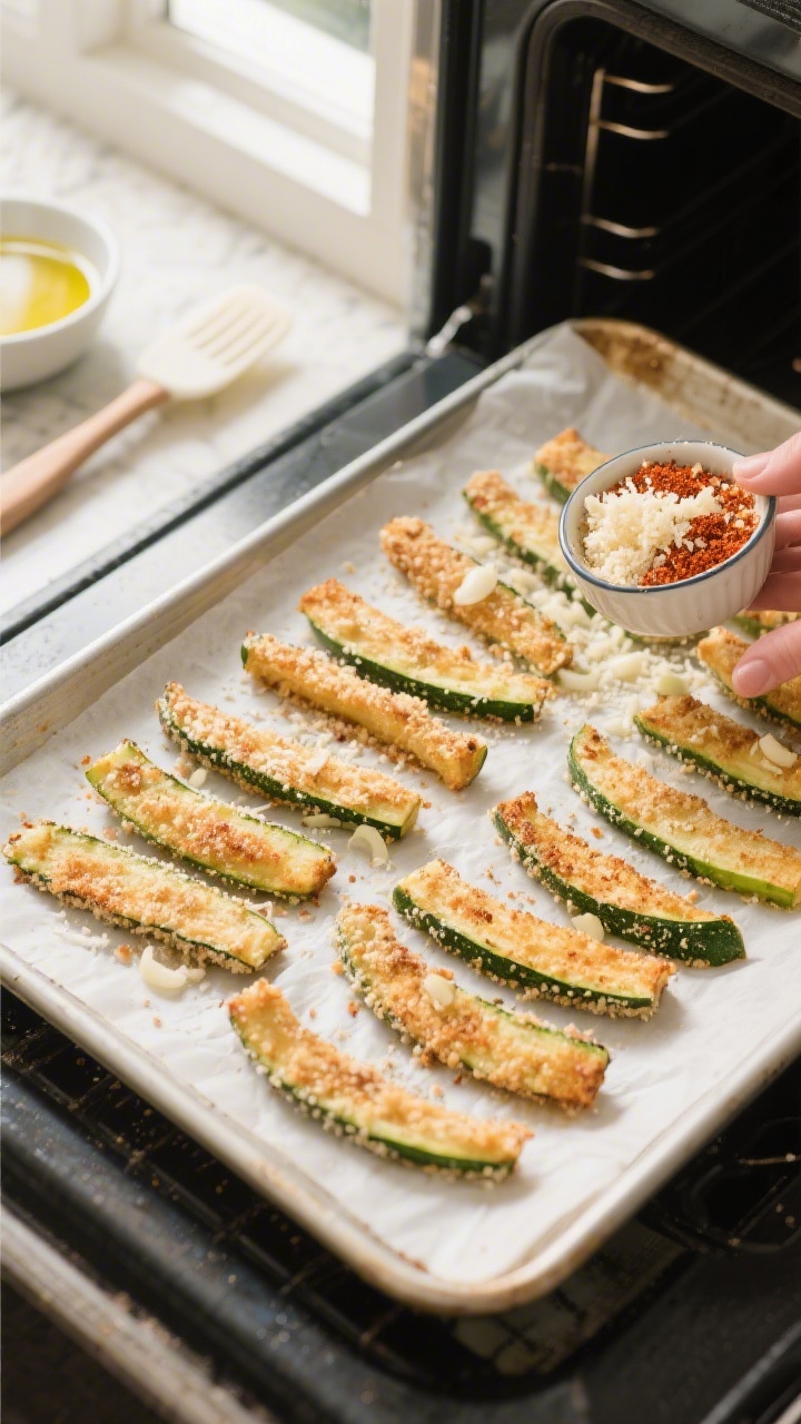 Cooking process: Single layer of coated zucchini fries arranged on a parchment-lined baking sheet mo