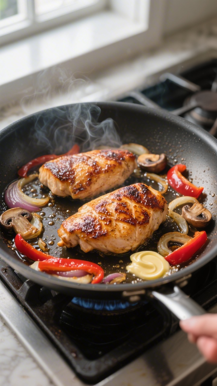 Cooking process, sizzling sear: Juicy balsamic chicken breasts searing in a large stainless skillet,