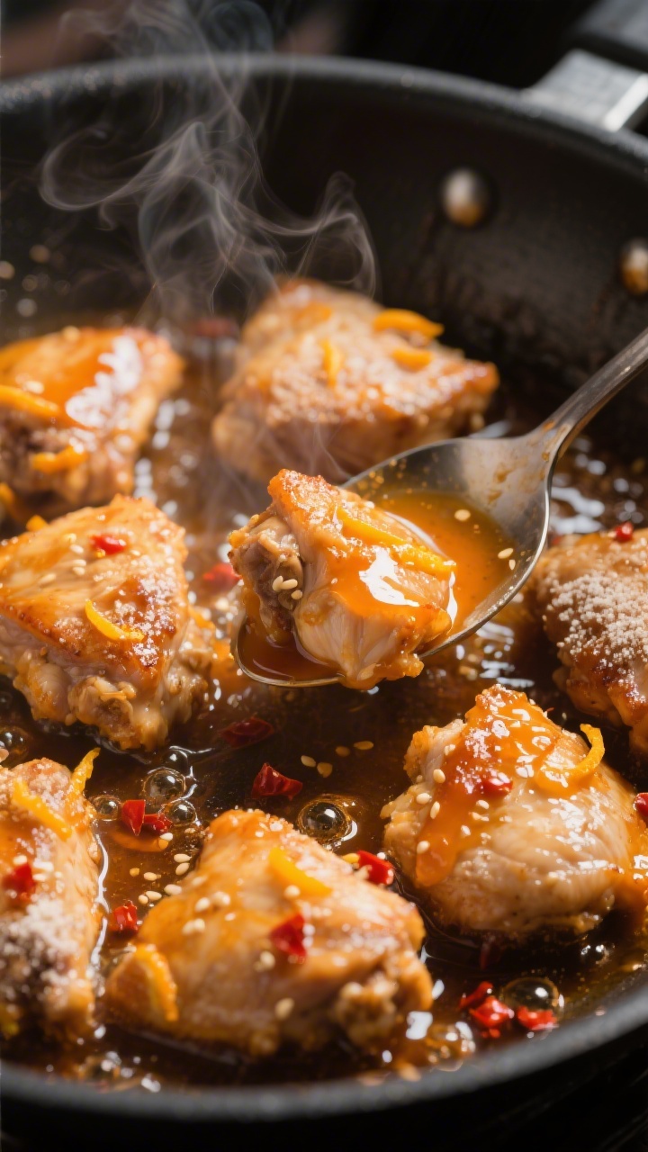 Cooking process, skillet action: Medium-high heat skillet of bite-size chicken thighs turning golden