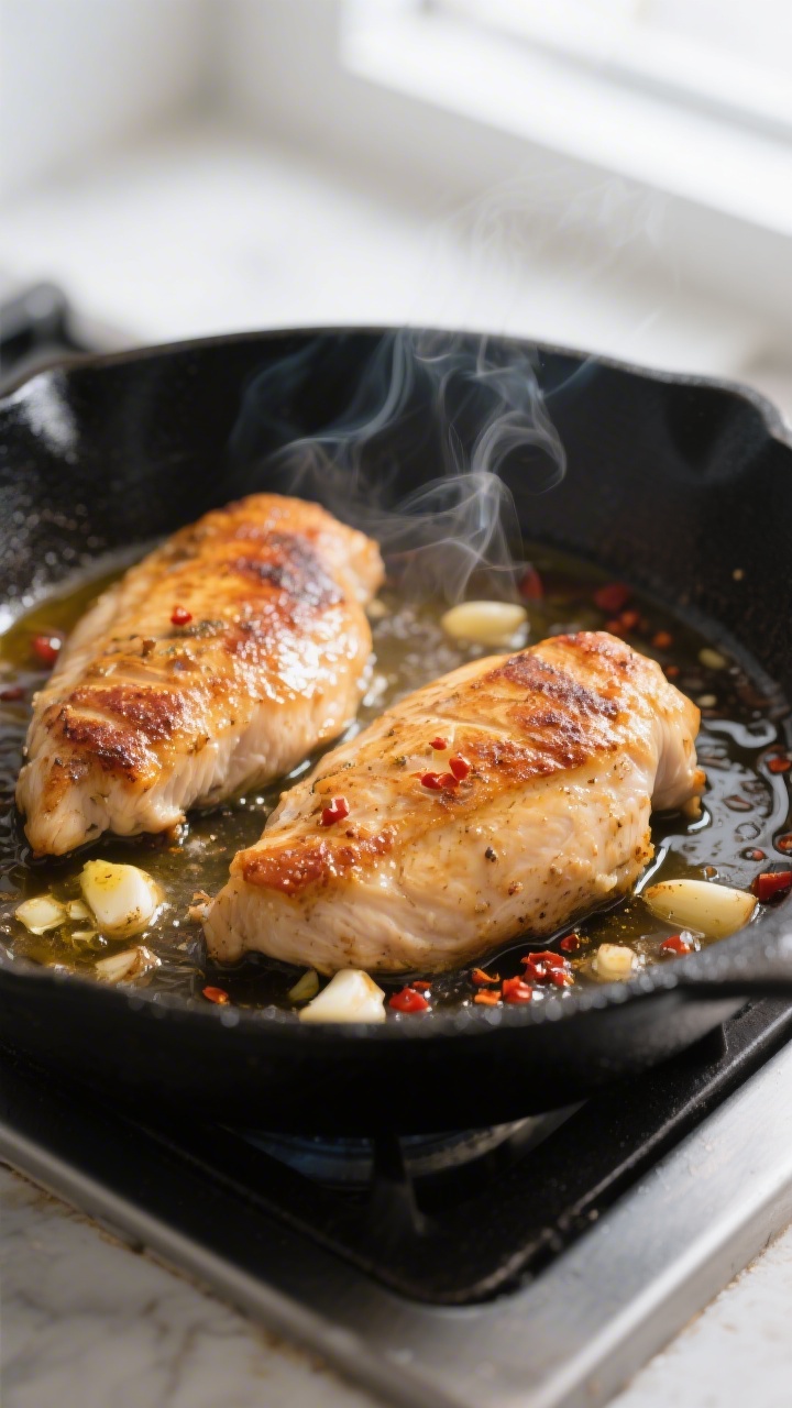 Cooking process, skillet sear: Golden-seared boneless chicken breasts in a large black skillet, glis