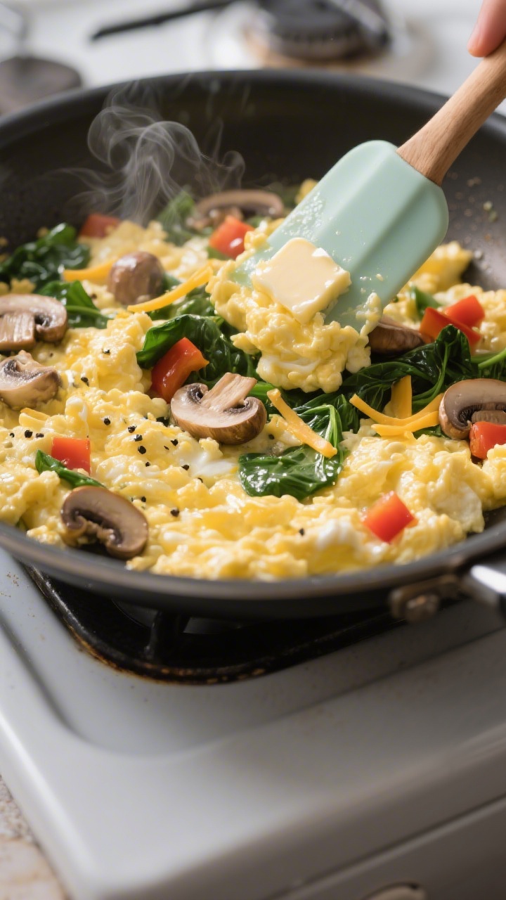 Cooking process — Soft scramble in the pan: Close-up of creamy scrambled eggs at the 70% set stage
