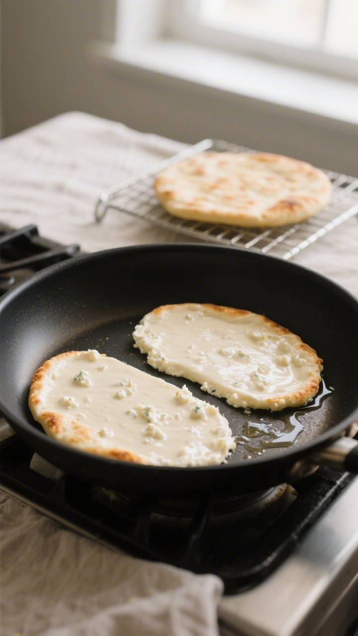 Cooking process, stovetop: Cottage cheese flatbread batter spread into two thin 6–7 inch ovals on 