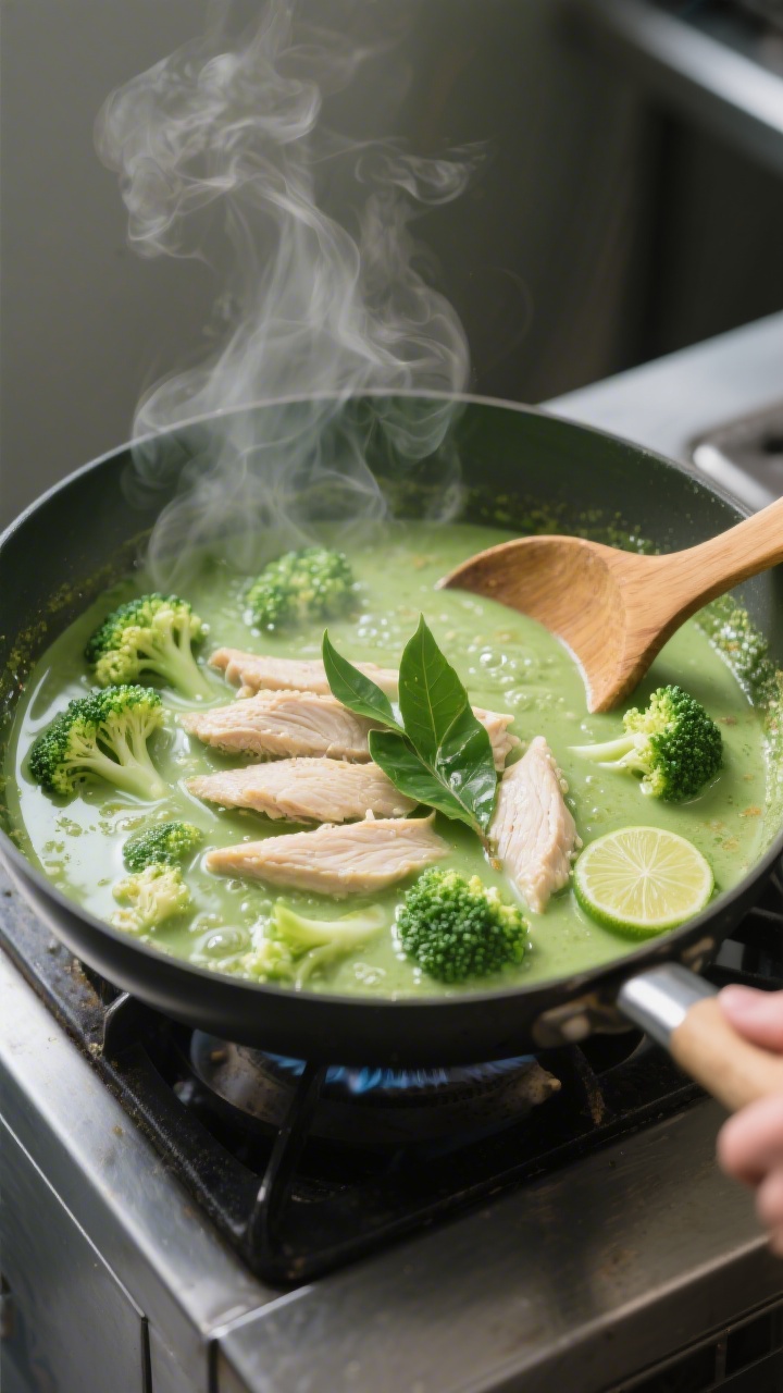 Cooking process: Thai green curry simmering in a wide pan, showing the moment coconut milk has just 