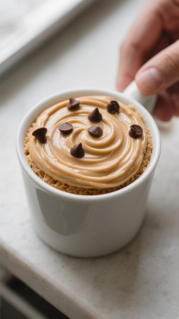 Cooking process: The mug cake just after swirling, showing smooth, glossy batter with two to three g