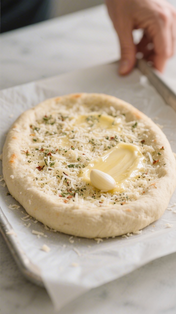 Cooking process: The shaped oval of low carb garlic bread dough on parchment just before baking, eve