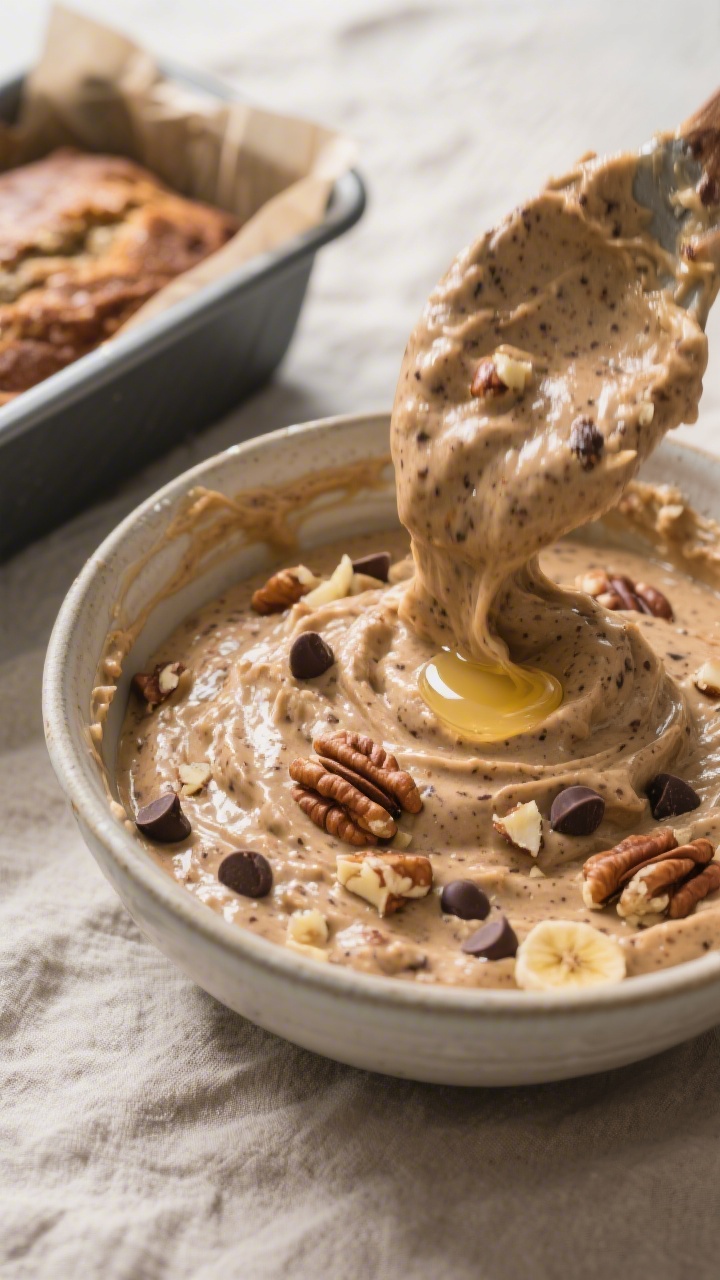 Low Carb Banana Bread - Moist, Simple, and Satisfying 2 Cooking process — Thick low carb banana bread batter being gently folded in a bowl just before goi