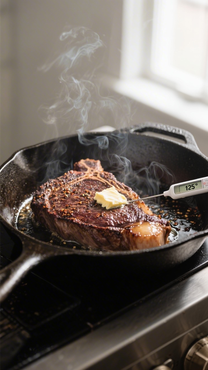 Cooking process: Tri tip being pan-seared then oven-finished—action shot of the steak in a large o
