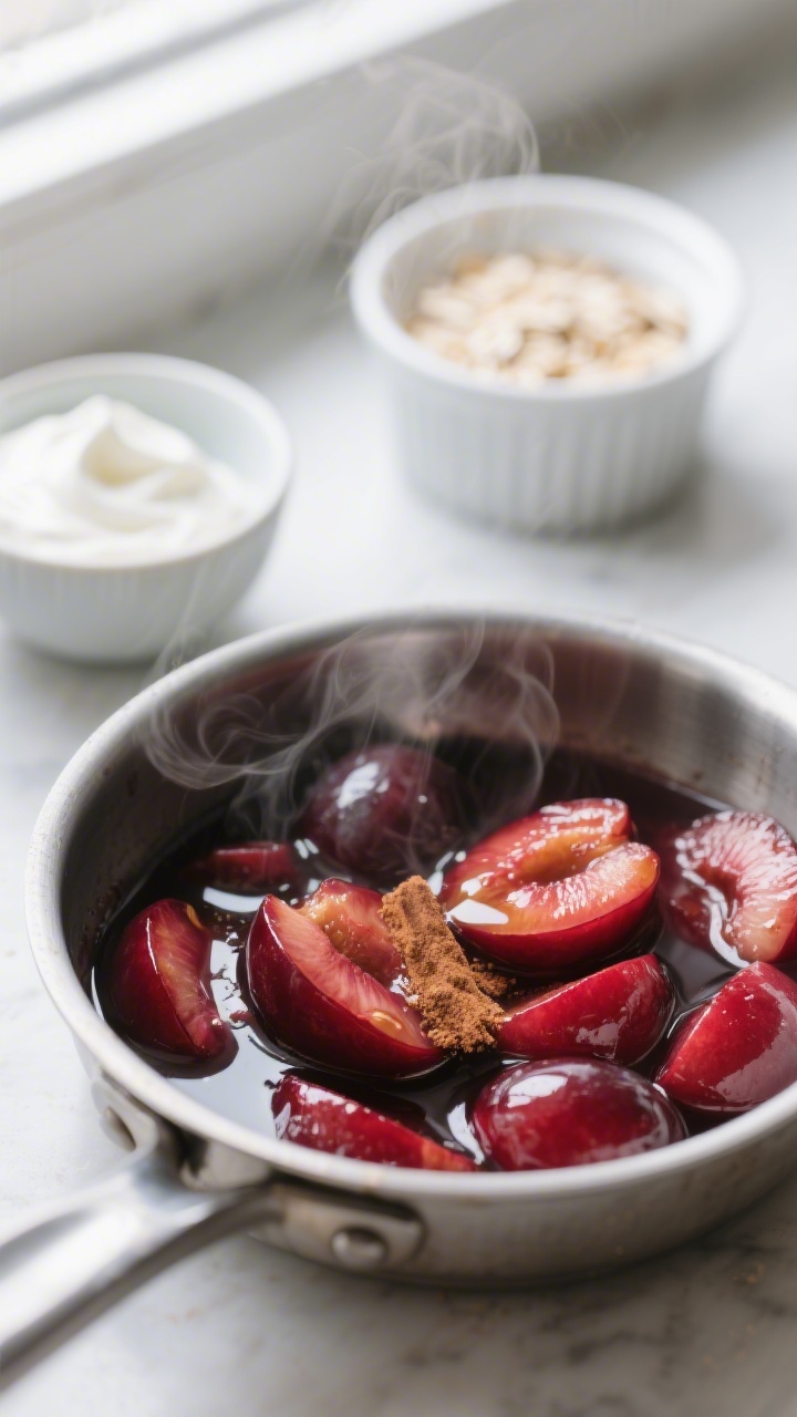 Cooking process: Warm Plum Compote Parfait in progress — close-up of glossy, syrupy plum compote s