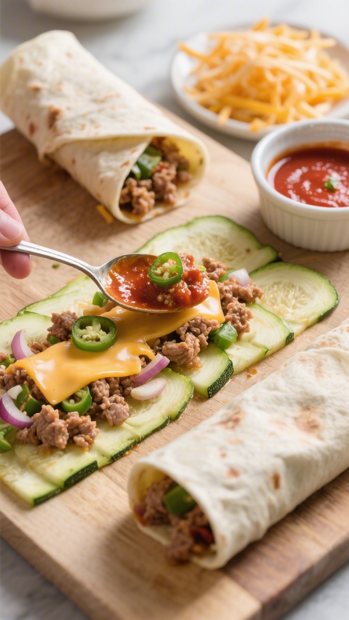 Cooking process: Zucchini-wrap enchiladas being assembled on a board—thin, salted-and-dried zucchi