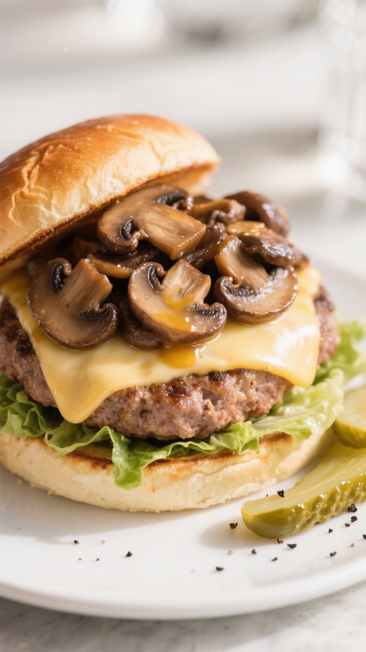 Final burger portrait: Mushroom Swiss Turkey Burger stacked on a toasted brioche bun—crisp romaine