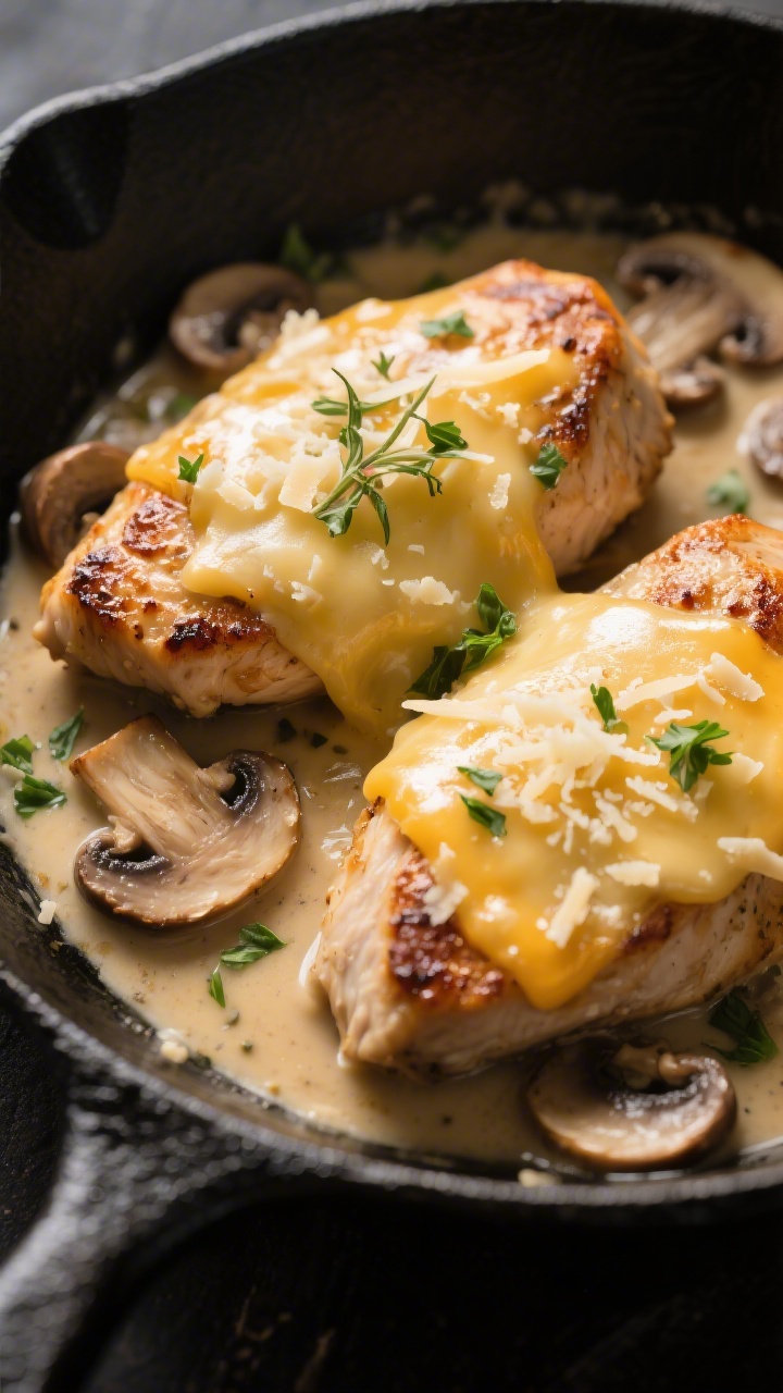 Cheesy Portobello Chicken - Comforting, Savory, and Weeknight Easy 3 Final cheesy broiler finish: Juicy seared chicken breasts nestled in creamy mushroom-thyme sauce in