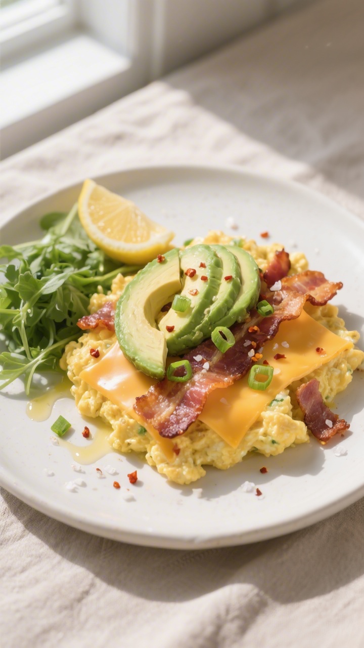 Final dish — Bacon, Avocado, and Cheddar plate: Beautifully plated low carb scramble piled softly 